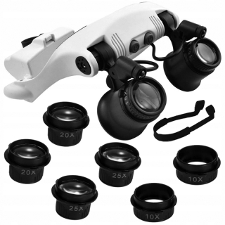 Hodinárska lupa - okuliare 2LED s vymeniteľnými šošovkami 10-25x