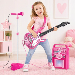 Detská elektrická gitara s mikrofónom a zosilňovačom ružová