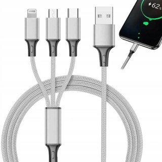 USB kábel 3v1 iPhone, Micro usb, Typ C 1,2m strieborný