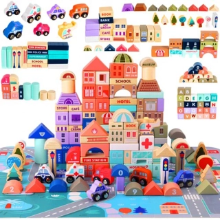 Detské drevené kocky Mesto 115 dielov s puzzle podložkou
