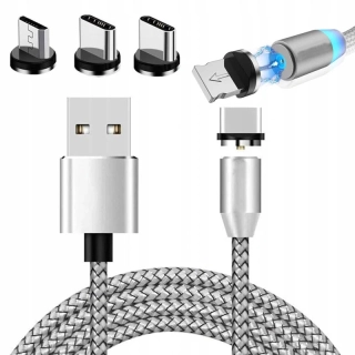 Magnetický kábel USB 3v1 iPhone, Micro USB, USB C 1m strieborný
