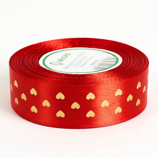 Stuha saténová so srdiečkami - 23 m x 2,5 cm : červená