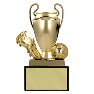 Futbalová kopačka s loptou a pohárom - Športová trofej na podstavci s vlastným textom 10cm : zlatá