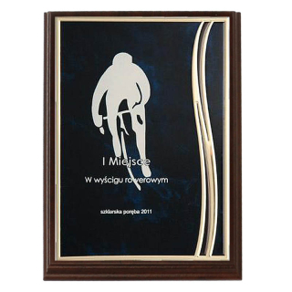 Kovová plaketa modrá na drevenej MDF podložke s gravírovaním 16x12cm 