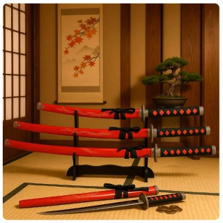 Dekoračná sada 3 japonských mečov katana s červeným puzdrom a stojanom