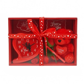 Valentínsky darčekový set s medvedíkom, ružou a hodinkami – 21 x 15 x 9 cm