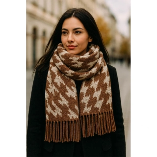 Vzorovaný šál so strapcami, hnedý/biely: 180×50 cm - unisex