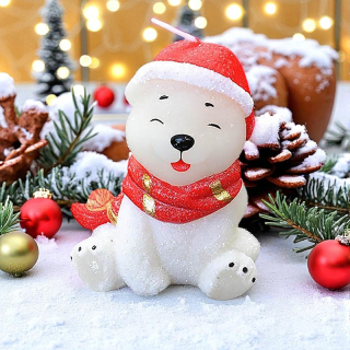 Sviečka vianočná – biely medvedík so šálom a čiapkou, 8,2 cm