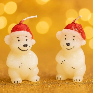 Vianočná sviečka – biely medvedík so Santa čiapkou, 12 cm