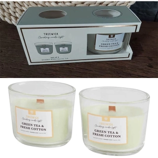 TREWICK SADA VONNÝCH SVIEČOK GREEN TEA & FRESH COTTON – 2 KS, DREVENÝ KNOT, 15 H