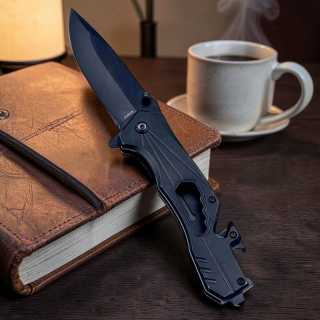 Skladací viacúčelový nôž z ocele 440C – čierny, 22 cm