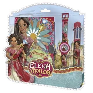 Zápisník so zámkom Disney Elena z Avaloru 18 × 14 cm – set so hodinkami a 8-farebným perom