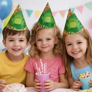 Party klobúky Žabka 18 × 12 cm – zeleno-žltý motív, balenie 6 ks