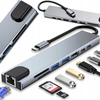 USB-C hub 8 v 1 s HDMI, RJ45 a čítačkou kariet