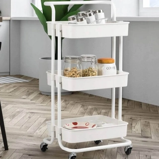 Kuchynský a kúpeľňový regál na kolieskach 3-úrovňový 76 cm biely