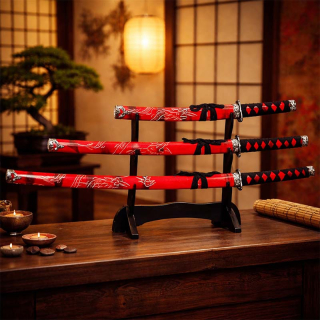 Dekoračná sada 3 japonských mečov katana s červeným puzdrom a stojanom