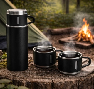 Termoska 400 ml s 3 pohármi čierna