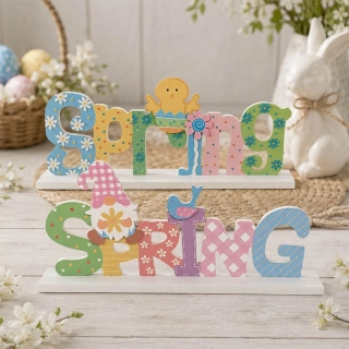 Drevená jarná dekorácia SPRING – 32 × 14,5 cm
