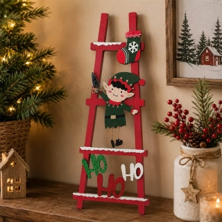 Drevená vianočná dekorácia HO HO HO s elfom
