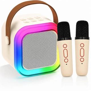 Prenosný karaoke set s Bluetooth reproduktorom a 2 mikrofónmi biely