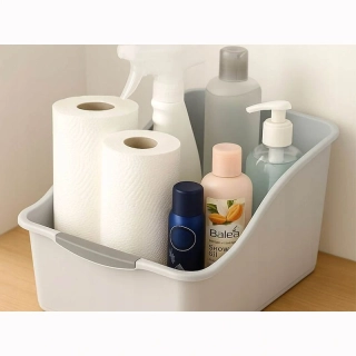 Biely plastový organizér do kuchynskej skrinky 28 × 21,5 × 13 cm