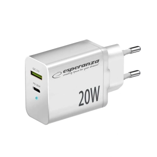 Sieťová nabíjačka 20 W Esperanza USB-C PD a USB-A QC 3.0 biela