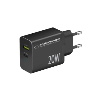 Sieťová nabíjačka 20 W Esperanza USB-C PD a USB-A QC 3.0 čierna