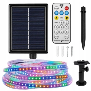 Solárny RGB LED pás 5 m IP65 s diaľkovým ovládaním a časovačom