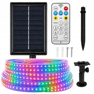 Solárny RGB LED pás 10 m IP65 s diaľkovým ovládaním a časovačom