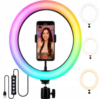 RGB LED kruhová lampa 34 cm s držiakom na telefón a USB napájaním