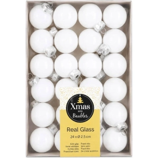 Sklenené vianočné gule biele 24 ks 2,5 cm – mini vianočné gule