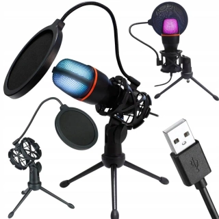 USB štúdiový mikrofón s RGB podsvietením, statívom a pop filtrom